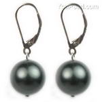 12mm peacock black round shell pearl eurowire earrings, 925 silver