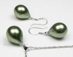 Olive greem teardrop shell pearl jewelry set on sale, 13x18mm
