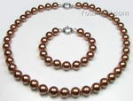 Round coffee shell pearl necklace bracelet set whole sale, 10mm