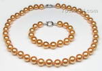 Round gold shell pearl necklace & bracelet set for sale, 10mm