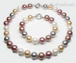 Round multicolor shell pearl necklace & bracelet set for sale, 12mm