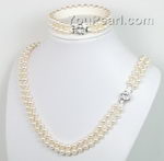 White round double strand freshwater pearl necklace bracelet set, AAA