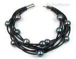 Multi-strand peacock black freshwater pearl leather bracelet wholesale