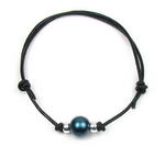 Black single freshwater pearl leather bracelet wholesale online, 10mm