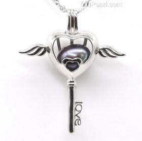 925 Sterling Silver Winged Heart Key Pearl Cage Pendant & Necklace 