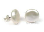 Sterling silver freshwater white coin pearl stud earrings, 12-14mm