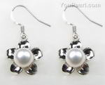 7-8mm freshwater white pearl dangling flower earrings wholesale, 925 silver