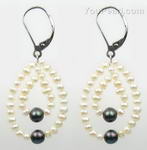 Leverback drop earrings, black and white cultured pearls, 925 silver