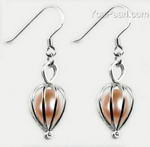 Pink wish pearl dangle cage earrings wholesale, 925 silver, 7-8mm
