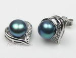 Heart 925 silver black freshwater pearl stud earrings for sale, 7-8mm