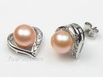 Heart pink pearl stud earrings wholesale online, 7-8mm, 925 silver