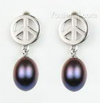Peace symbol black pearl stud earrings discounted sale, 925 silver, 7-8mm