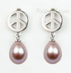 Peace symbol lavender pearl stud earrings on sale, sterling silver, 7-8mm