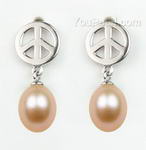 Peace symbol pink pearl stud earrings buy direct, sterling silver, 7-8mm