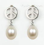 Peace symbol white pearl stud earrings wholesale, 925 silver, 7-8mm