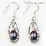 Freshwater peacock pearl, 925 silver helix cage drop earrings, 8-9mm