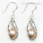 Pink pearl dangle helix cage earrings wholesale, 925 silver, 8-9mm