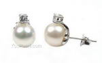 Sterling silver freshwater white pearl stud earrings wholesale, 9-10mm