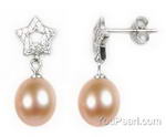 Pink freshwater pearl drop star earrings on sale, 925 silver, 7-8mm