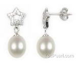 Sterling star white pearl drop earrings wholesale, 7-8mm