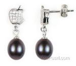 Sterling silver black freshwater pearl drop apple earrings, 7-8mm