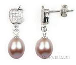 Lavender cultured pearl drop apple earrings, sterling silver, 7-8mm