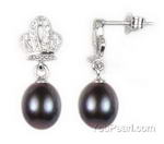 Sterling black freshwater pearl drop crown earrings wholesale, 7-8mm