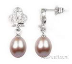 Lavender cultured pearl drop crown earrings, sterling silver, 7-8mm