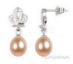 Sterling silver freshwater pink pearl drop crown earrings, 7-8mm