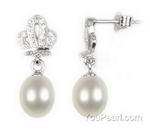 Freshwater white pearl drop crown earrings on sale, 925 silver, 7-8mm