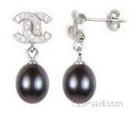 Fresh water black pearl tear drop earrings, sterling silver, 7-8mm
