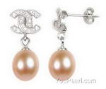 Teardrop freshwater pink pearl earrings buy direct, 925 silver, 7-8mm