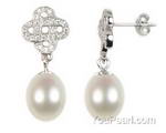 Love knot sterling silver white freshwater pearl drop earrings, 7-8mm