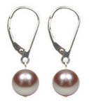 Lever back lavender round freshwater pearl earrings, 925 silver, 8mm