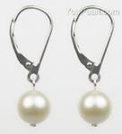 Lever back earrings on sale, white round cultured pearls, 925 silver, 8mm