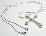 Sterling silver cross white rice freshwater pearl necklace wholesale, 6-7mm