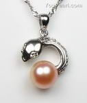 Snake pendant wholesale, cultured pink freshwater pearl, 925 silver, 8-9mm