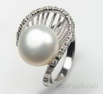 11-12mm cultured fresh water white pearl sterling ring on sale, US size 7