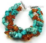 Triple strand turquoise, amber gem bracelet on sale, 925 silver clasp