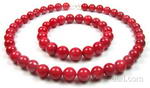 Red coral gemstone necklace & bracelet set wholesale, 10mm round