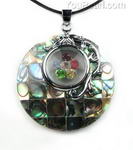 Paua abalone shell mosaic round pendant with a diamond flower buy bulk
