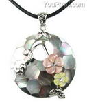 Tahitian mosaic round gray shell pendant with flower branch sale