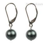 8mm peacock black round shell pearl eurowire earrings, sterling silver