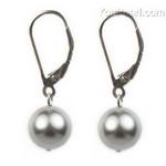 10mm light gray round shell pearl eurowire earrings, 925 silver