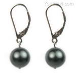 10mm peacock black round shell pearl lever back earrings, 925 silver