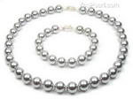 Light gray round shell pearl necklace bracelet set on sale, 10mm