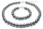 Dark gray round shell pearl necklace bracelet set online buy, 10mm