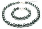 Peacock black round shell pearl necklace bracelet set wholesale, 10mm