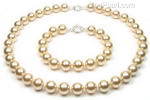 Champagne round shell pearl necklace bracelet set for sale, 10mm