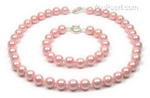 Pink round shell pearl necklace bracelet set for sale, 10mm